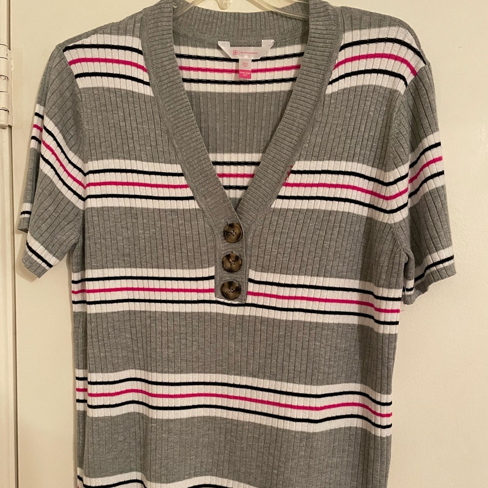 Grey, pink, black and white striped sweater. cotton, size XXXL. New without tags